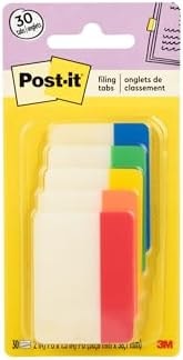 Post-it Sticky Tabs, 2 in. x 1.5 in., 5 Pads of Book Tabs in Assorted Colors for Bookmarking, Annotating, Reading, and Reminders, Yellow, Red, Green, Blue, and Orange Colors (30 Total Count)