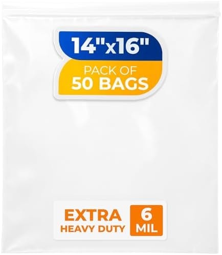 14" x 16" Reclosable Plastic Zip Bags, Pack of 50, 6 Mil Heavy-Duty Clear Poly Bags, Resealable for Food, Clothes, Hardware, Jewelry