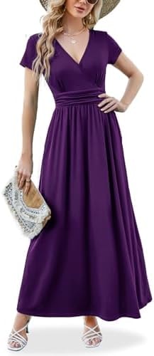ANRILITA Maxi Dress for Women Wrap V Neck Short Sleeve Empire Pleated Waist Summer Casual Elegant Long Dresses with Pockets Purple