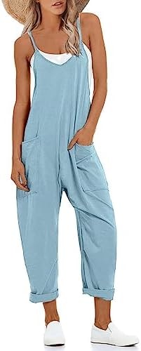 Lentta Women's Causal Jumpsuits V Neck Sleeveless Harem Overalls Stretchy Adjustable Strap Romper with Pockets(LightBlue-S)