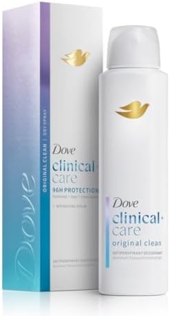 Dove Clinical + Care Antiperspirant Deodorant Dry Spray for Women, 96H Clinical Strength Sweat & Odor Protection, With Nourishing Serum, Original Clean with Fresh Scent, 3.8 oz