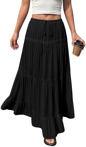 BTFBM Spring Skirts for Women 2026 Summer Boho Beach Vacation Clothes Casual Pleated High Waisted Flowy Maxi Skirt(Black, Small)