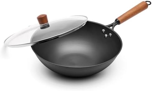VIVIDCOOKWARE Carbon Steel Wok with Glass Lid, 12.6 Inch Flat Bottom Stir Fry Pan, Rolled Edge Spun Wok Pan, Coating-Free Wok for Induction, Gas & Electric Cooktops, 3–4 Servings