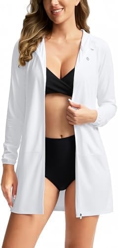 Women's UPF 50+ Swim Cover Up Sun Protection Hoodie Long Jacket SPF Lightweight Beach Cover Ups for Women(White,M)