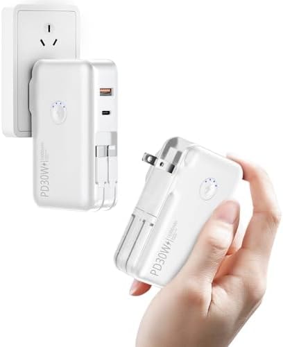 QiSa Portable Charger, Power Bank, 16000mAh Power Bank Built-in AC Wall Plug and Cables, PD 30W and QC4.0 Fast Charger for iPhone and Android Phones and Most Electronic Devices (White)