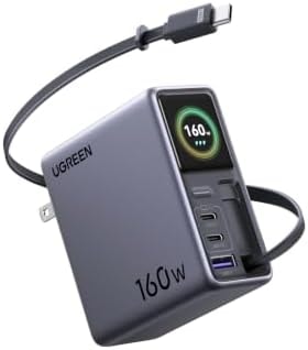 UGREEN Nexode Pro 160W Charger with Retractable Cable, Smart Display & APP Control, 4-Port GaN Fast USB C Wall Block, Type-C Charging Compatible for MacBook Pro/Air, iPhone 17/16 Series, iPad, Galaxy