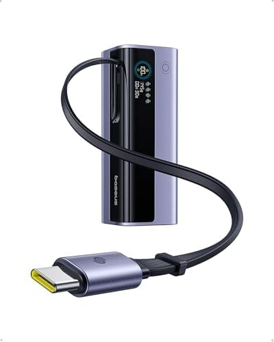 Baseus Laptop Power Bank, 20,000mAh 145W Small Portable Charger Built-in Retractable Cable, 4-Port PD Fast Charging Battery Bank with Smart Display, for iPhone/MacBook/Samsung/Dell/HP, and More
