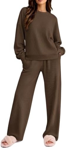 Ekouaer Lounge Sets for Women Textured Corduroy Long-Sleeve Top and Pants