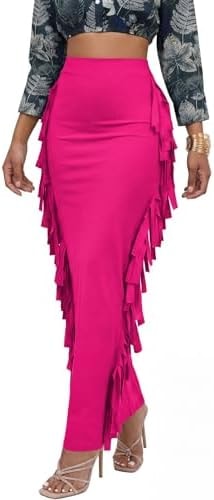 LYANER Women's Skirt Fringe Side Tassel Elastic Waist Slim Bodycon Long Maxi Pencil Skirts for Club Rose Large
