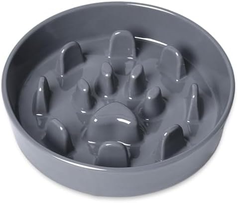Dog Slow Feeder Bowl, Round Ceramic Pet Food Bowl for Medium Breed, Fun Raised Dog Bowls to Slow Down Eating (Grey)
