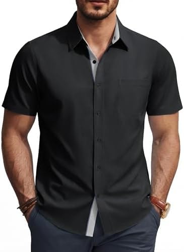 PJ PAUL JONES Mens Casual Dress Shirt Slim Fit Short Sleeve Formal Shirts Lightweight Business Black Button Down Shirt XL