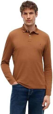 Tommy Hilfiger Men's Long Sleeve Polo Shirts in Regular Fit with Stretch and Organic Pique Cotton, Also Available in Big & Tall, Timeless Tawny Medium