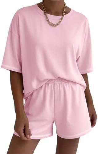 Ekouaer Lounge Sets for Women 2 Piece Shorts Pajama Sets Moisture Wicking Casual Summer Pj Sets with Pockets Pink