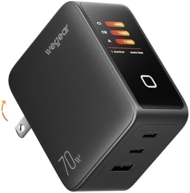 wegear 70W GaN USB C Charger Block with Smart Display & Touch Control, 3-Port PD3.0 Fast Wall Charger, Foldable Plug Power Adapter for MacBook Air/Pro, iPhone 17/16, iPad, Galaxy S25/S24
