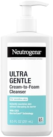 Neutrogena Ultra Gentle Cream-to-Foam Daily Facial Cleanser, Transforms from a Creamy Cleanser to a Foaming Face Wash, Gently Cleanses Sensitive Skin, Fragrance-Free, Hypoallergenic, 8.5 oz