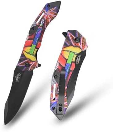 MASTER USA Folding Pocket Knife, 8 inch Overall Length, Floral Leaf Pattern Handle, Black 3.5 inch Blade, EDC (Yellow)