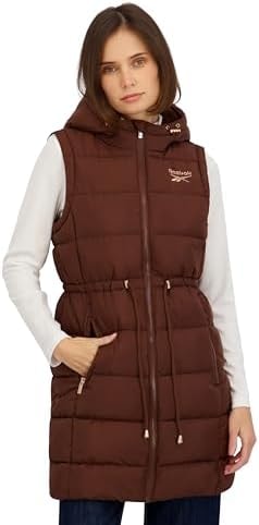 Reebok Womens Long Puffer Vest with Hood, Cognac, L