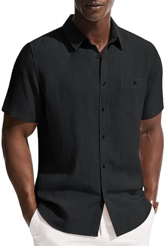 PJ PAUL JONES Mens Linen Shirts Short Sleeve Button Down Shirt Wrinkle Free Dress Shirt Casual Summer Shirt with Pocket Black M