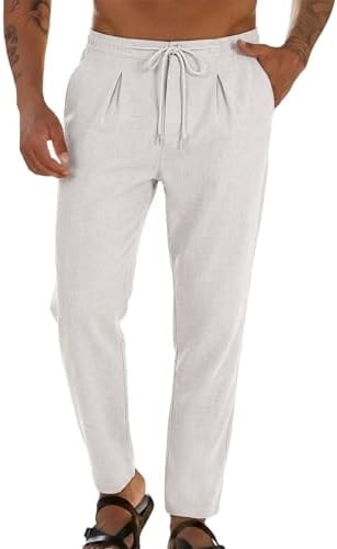 Runcati Mens Casual Linen Pants Drawstring Elastic Waist Loose Fit Pants Lightweight Summer Beach Yoga Trouser