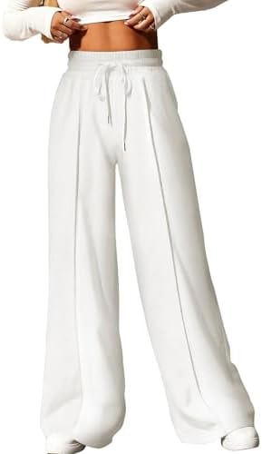 Aleumdr Wide Leg Sweatpants for Women Elastic High Waisted Drawstring Casual Loose Pants with Pockets White Medium