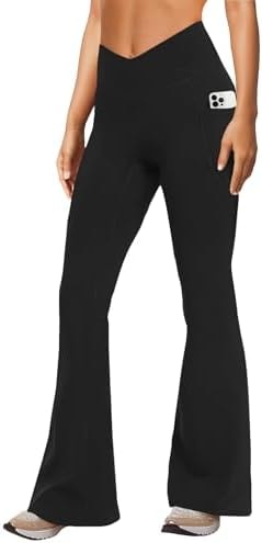 DLOODA Women Yoga Pants with Pockets No Front Seam Crossover Flare Leggings