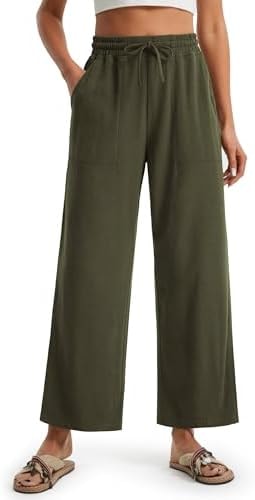 Libin Women Linen Pants Wide Leg Side Slit Pants High Waist Drawstring Casual Palazzo Loose Beach Pant Comfy Summer Trousers Army Green 2XL