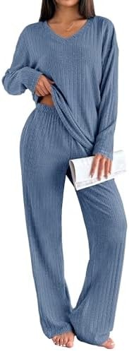 Ekouaer Lounge Sets for Women Long Sleeve Knit Ribbed Pajama Sets 2 Piece Casual Loungewear with Pockets
