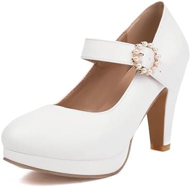 ForeMode Women Platform Chunky Heels Mary Jane Pumps, Round Toe Buckle Vintage Dress Shoes, Comfortable White Heels for Wedding Vacation Formal Occasions(Whitem6-2,6.5)