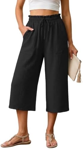 Lepunuo Women's High Waist Wide Leg Cropped Pants with Pockets Black