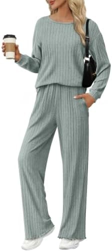Ekouaer Lounge Sets for Women Ribbed Knit Long Sleeve 2 Piece Pajama Sets
