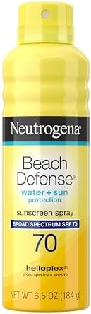 Neutrogena Beach Defense Sunscreen Spray SPF 70 Broad Spectrum UVA UVB Protection Lightweight Water Resistant up to 80 Minutes Beach-Strength Sun Protection for Whole Family, 6.5 oz