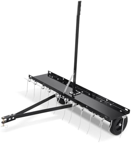 VEVOR Tow Behind Dethatcher, 40-inch Lawn Dethatcher Rake with 20 Spring Steel Tines for ATV or Mower, Heavy Duty Tow Behind Lawn Rake with Lift Handle for Garden Farm Grass, Leaves, Pine Needles