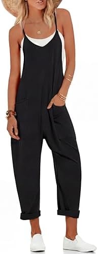 Ekouaer Jumpsuits for Women Casual Summer Overalls Sleeveless Spaghetti Strap Romper Jumpers Trendy Beach Vacation Black S