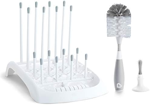 Munchkin Fold Baby Bottle Drying Rack and Bristle Bottle Brush Cleaning Essentials Set, White/Grey