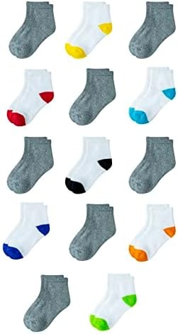 Amazon Essentials Unisex Toddlers' Cotton Ankle Socks with Cushioned Sole for Boys Girls Toddlers, Pack of 14, White/Grey Assorted, 2-3T
