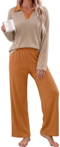 Ekouaer Lounge Sets for Women Long Sleeve Waffle Knit Womens Pajama Sets