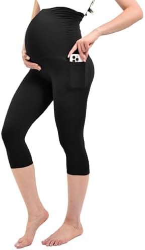 Ipletix Maternity Capris Leggings with Pockets Pregnancy Yoga Pants Black L