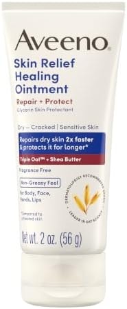 Aveeno Skin Relief Healing Ointment, Repair & Protect Extra Dry, Cracked Skin, Glycerin Protectant with Triple Oat & Shea Butter, Fragrance-Free & Non-Greasy Feel, Travel Size, 2.0 oz