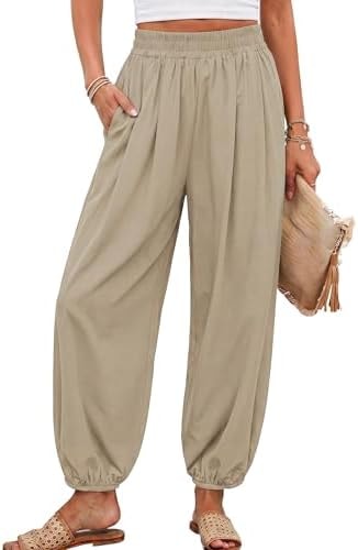 PRETTYGARDEN Womens 2026 Summer Casual Pants High Waisted Loose Wide Leg Palazzo Pockets Lounge Beach Travel Trousers Outfits (Light Khaki,Medium)