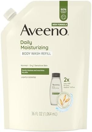 Aveeno Daily Moisturizing Body Wash for Sensitive Skin + Prebiotic Oat, Gently Cleanses, Nourishes & Feels Moisturizing Dry Skin, Light Fragrance, Refill Pouch, 36 fl. oz