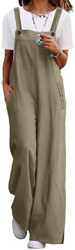 YESNO Casual Corduroy Wide Leg Overalls for Women XL PC2 Khaki Green