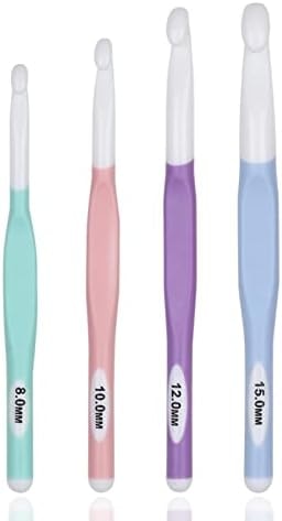 Large Sizes Crochet Hooks 4 pcs Long Crochet Needles Set QLRFFLJOY 8mm 10mm 12mm 15mm Rubber Handle Crochet Hook DIY Yarn Weaving Tools for Knitting Blankets, Shawl and Carpet