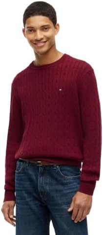 Tommy Hilfiger Men's Cable Knit Crewneck Sweater Lightweight Pullover, Burgundy Small
