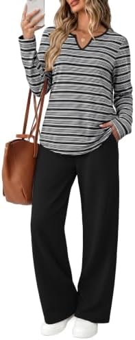 WIHOLL 2 Piece Sets for Women Lounge Fall Outfits Clothing Black Stripes M