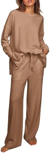 Ekouaer Womens Tracksuits 2 Piece Long Sleeve Outfits Micro Fleece Sweatsuit Sets Wide Leg Sweatpants Khaki Small