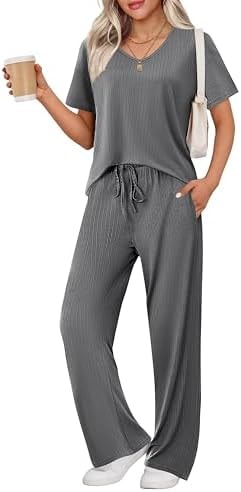 Ekouaer Lounge Sets for Women Ribbed Pajama Set Short Sleeve Top and Long Pants Set with Pockets Sleep Set Dark Gray
