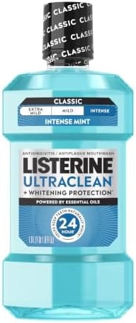 Listerine Ultraclean Intense Antiseptic Mouthwash + Whitening Protection*, Everfresh Technology to Help Fight Bad Breath, Gingivitis, & Plaque, Tartar Control Oral Rinse, Intense Mint, 1L