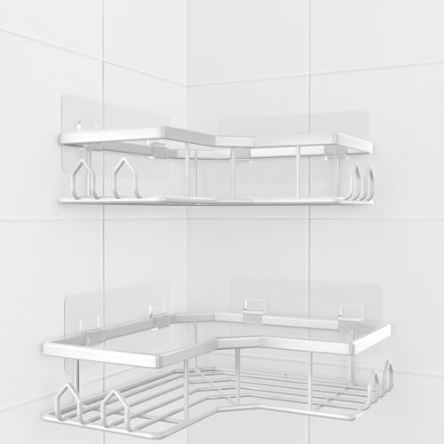 QHMCHLDZ Adhesive Shower Caddy, 2 Pack Corner Bath Organizer, Rustproof Stainless Steel Shower Shelves with Large Capacity, No Drilling Shelves for Bathroom Storage, Home, Kitchen Décor (White).