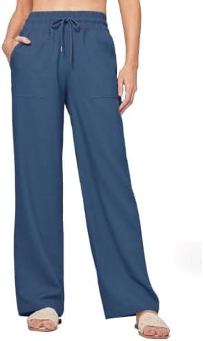 CHANGEOWN Womens Casual Linen Pants Drawstring Flowy Pants Loose Fit Summer Pants with Pockets Lounge Beach Pants, Deep NavyBlue, Large