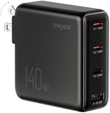 140W USB-C Charger for Laptop, wegear Slim 4-Port PD 3.1 GaN Fast Charging Block with Foldable Plug, Type‑C Wall Charger Power Adapter for MacBook Air/Pro, iPad, iPhone 17/16 Series,Galaxy S25 (Black)